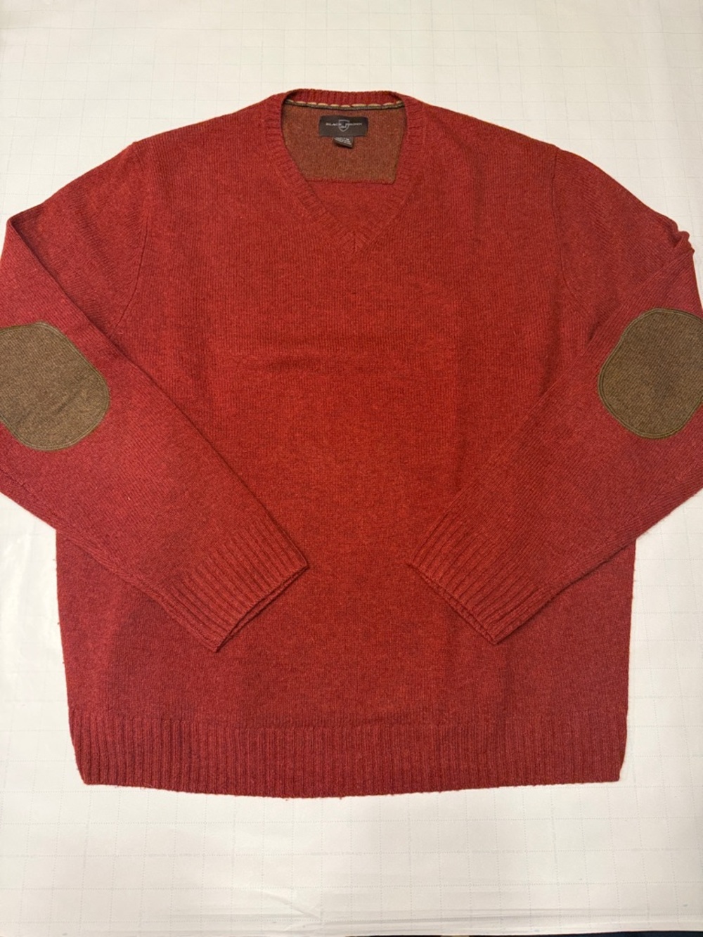 Black Brown 1826 Men's Maroon V-Neck Lambs Wool Sweater -Brown Elbow Patches.